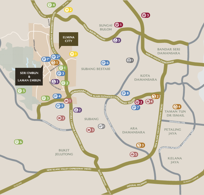 Location map showing Seri Embun at City of Elmina and connections to surrounding townships and highways
