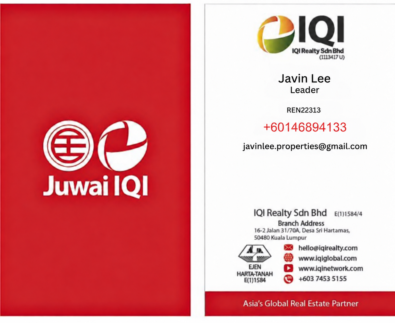 Professional IQI Realty contact card supplied by Javin Lee, REN 22313