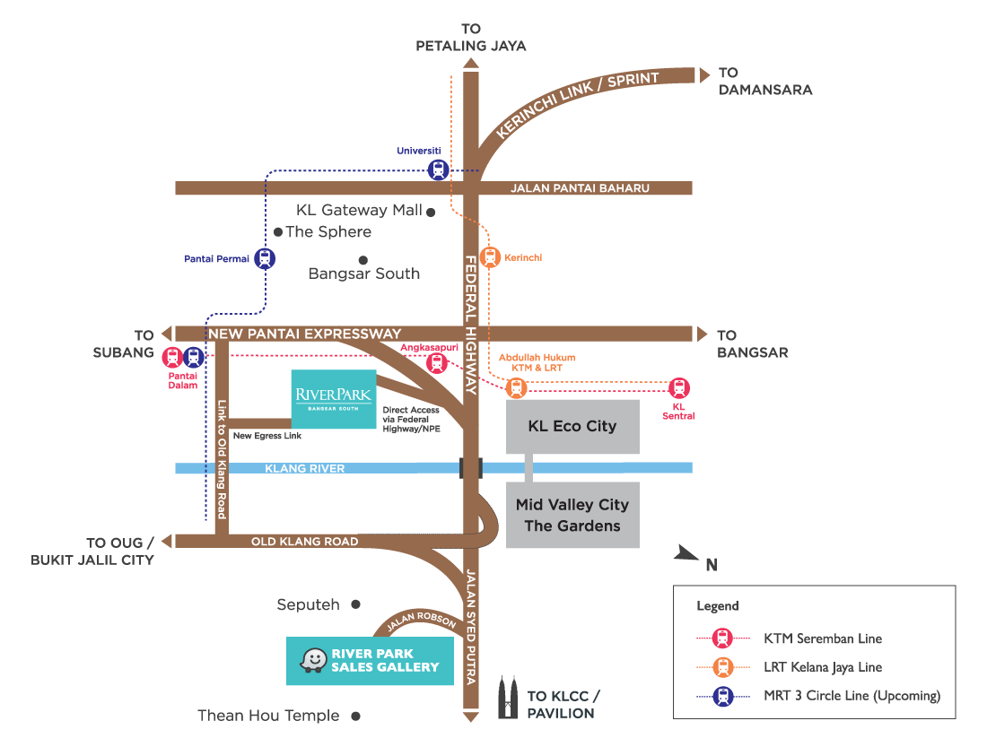 Published River Park location map showing nearby roads and destinations